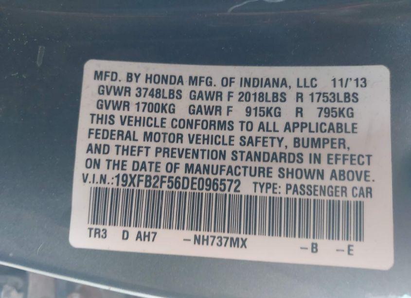 Photo 9 of 2013 Honda Civic LX (VIN 19XFB2F56DE096572)