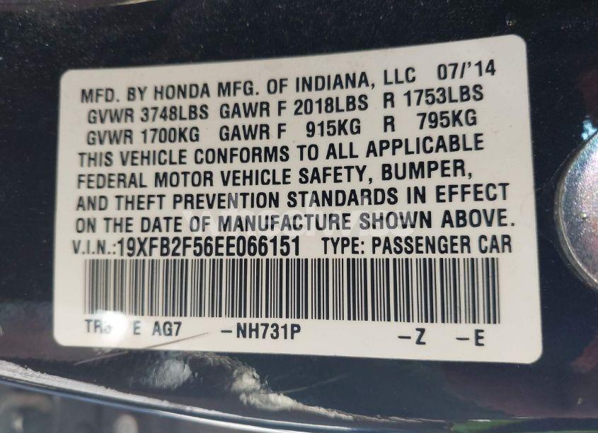 Photo 9 of 2014 Honda Civic LX (VIN 19XFB2F56EE066151)