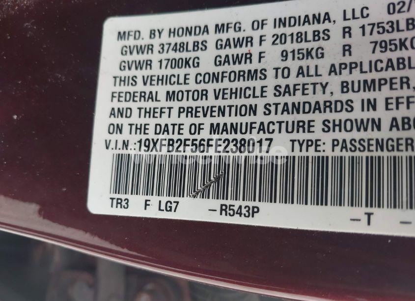 Photo 9 of 2015 Honda Civic LX (VIN 19XFB2F56FE238017)