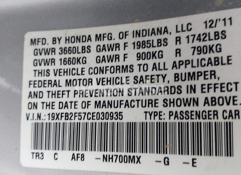 Photo 9 of 2012 Honda Civic LX (VIN 19XFB2F57CE030935)