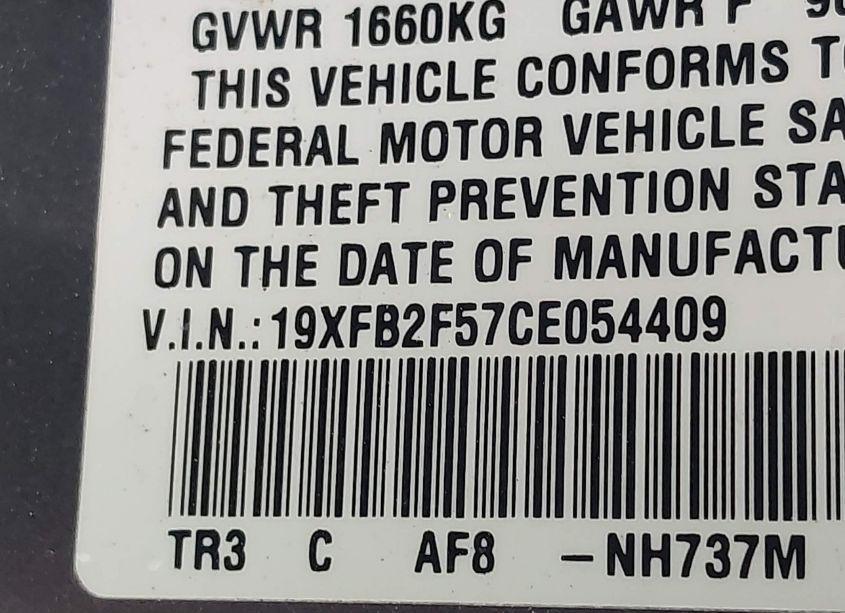 Photo 9 of 2012 Honda Civic SDN LX (VIN 19XFB2F57CE054409)