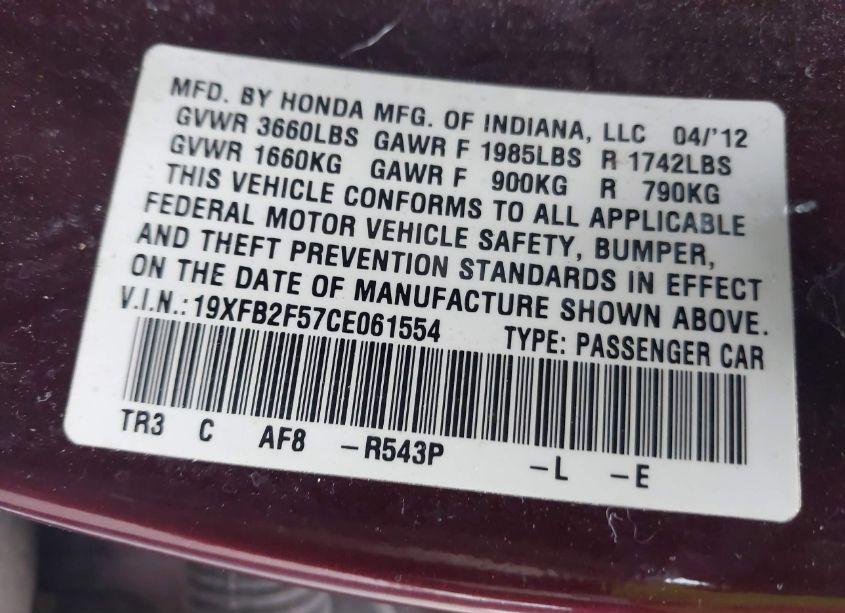 Photo 9 of 2012 Honda Civic LX (VIN 19XFB2F57CE061554)