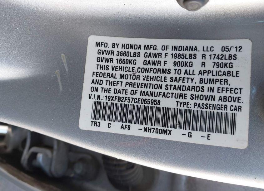 Photo 9 of 2012 Honda Civic SDN LX (VIN 19XFB2F57CE065958)