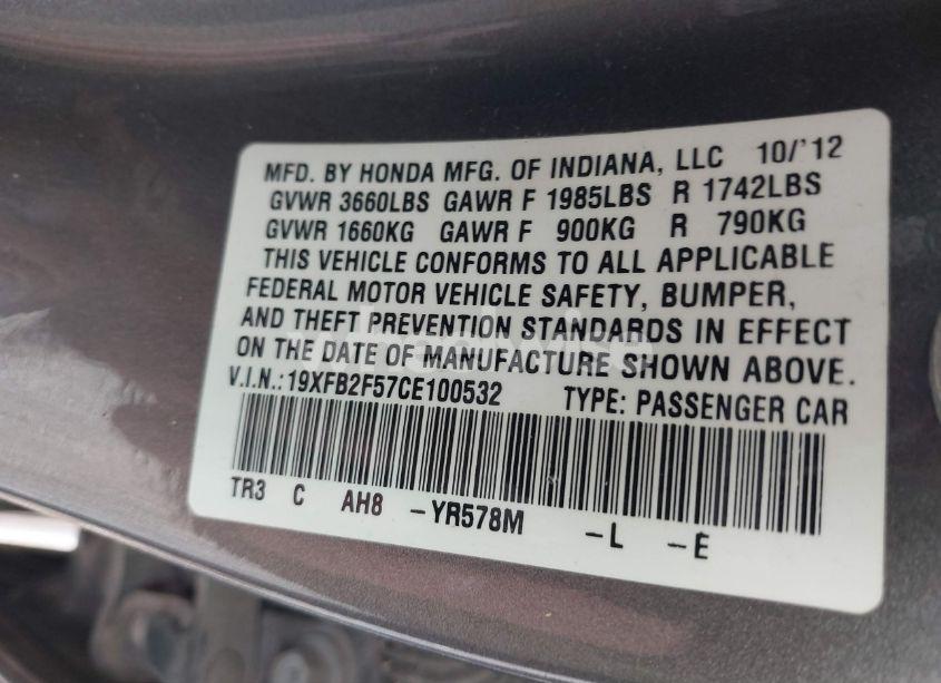 Photo 9 of 2012 Honda Civic SDN LX (VIN 19XFB2F57CE100532)