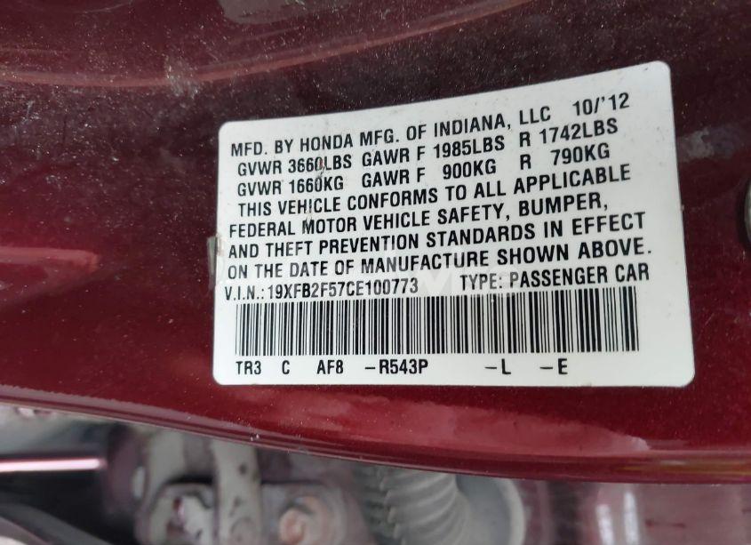 Photo 9 of 2012 Honda Civic LX (VIN 19XFB2F57CE100773)