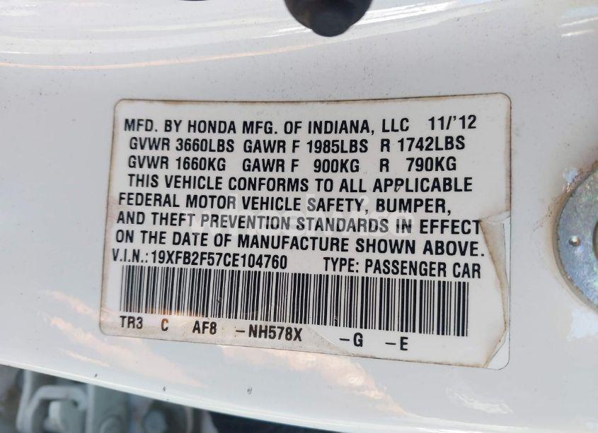 Photo 9 of 2012 Honda Civic LX (VIN 19XFB2F57CE104760)