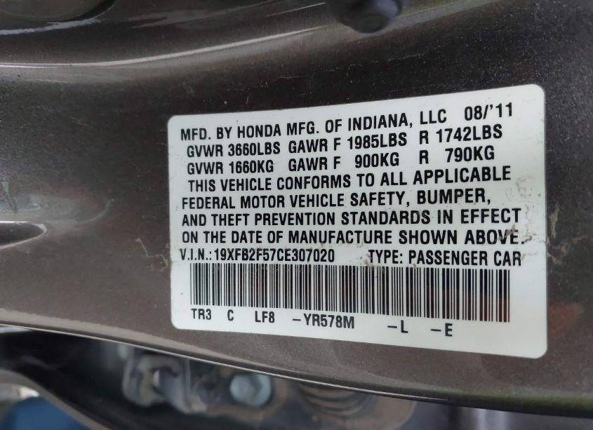 Photo 9 of 2012 Honda Civic SDN LX (VIN 19XFB2F57CE307020)
