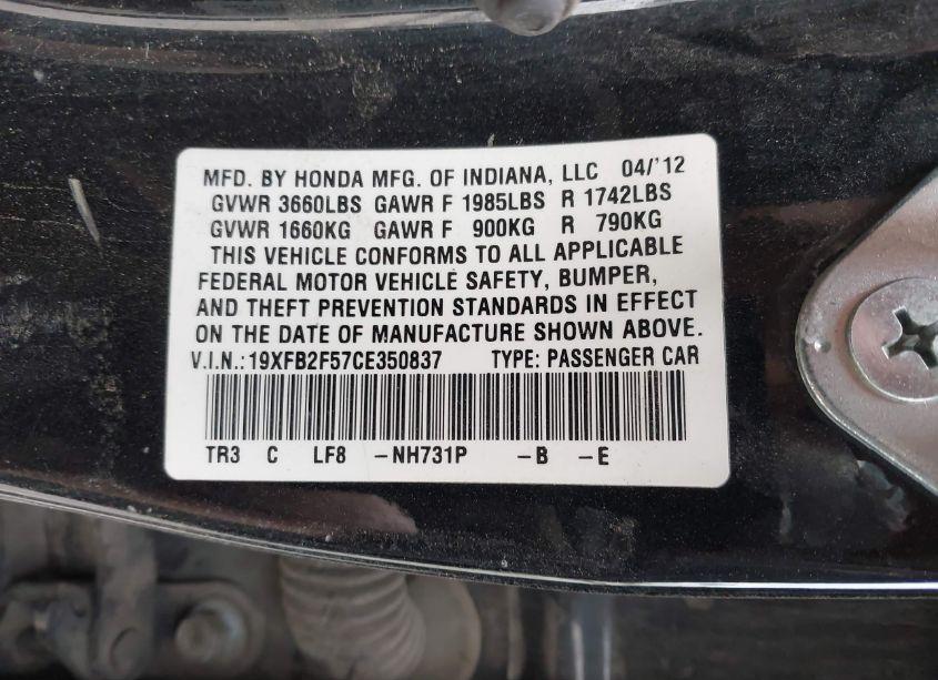 Photo 9 of 2012 Honda Civic LX (VIN 19XFB2F57CE350837)