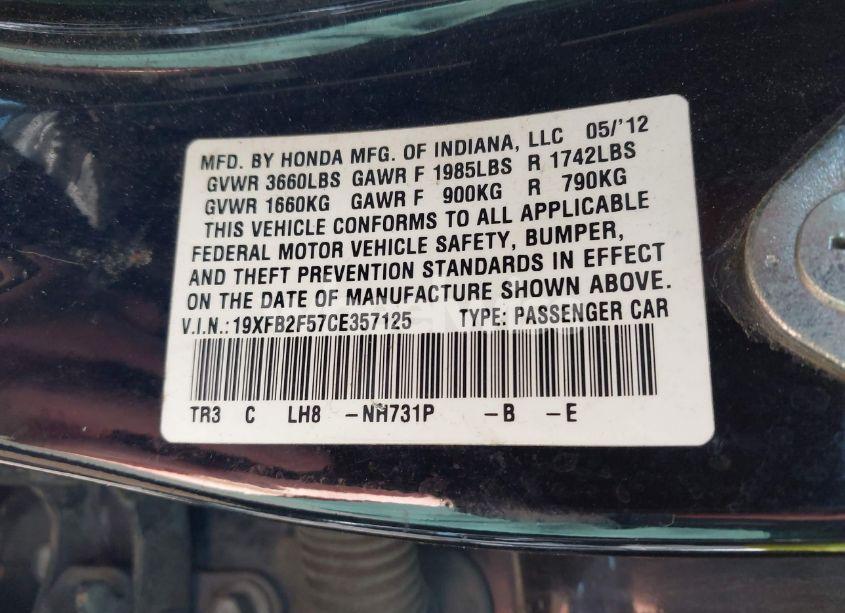 Photo 9 of 2012 Honda Civic LX (VIN 19XFB2F57CE357125)