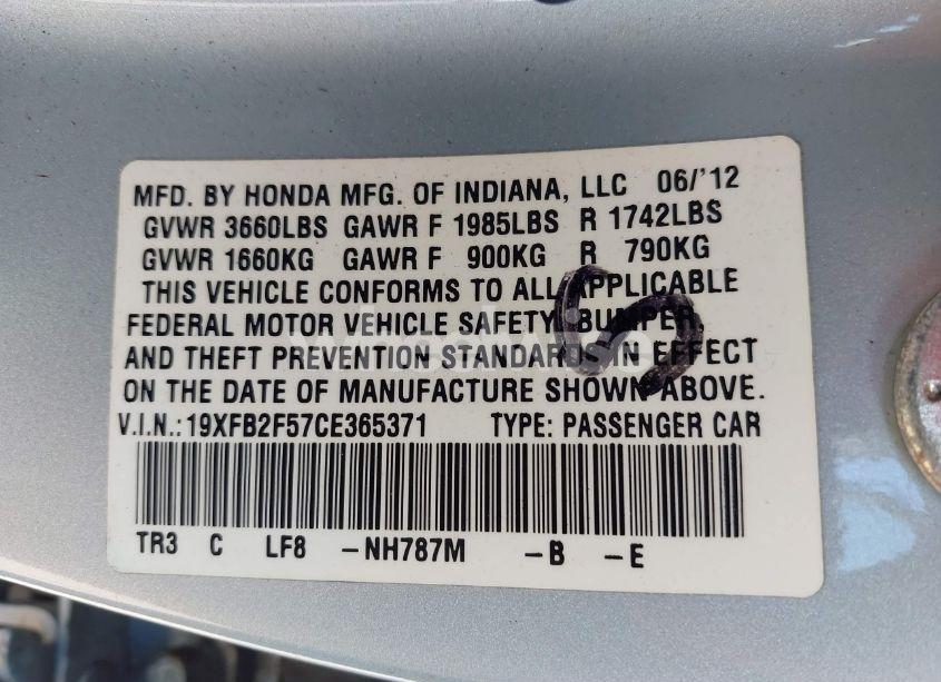 Photo 9 of 2012 Honda Civic LX (VIN 19XFB2F57CE365371)