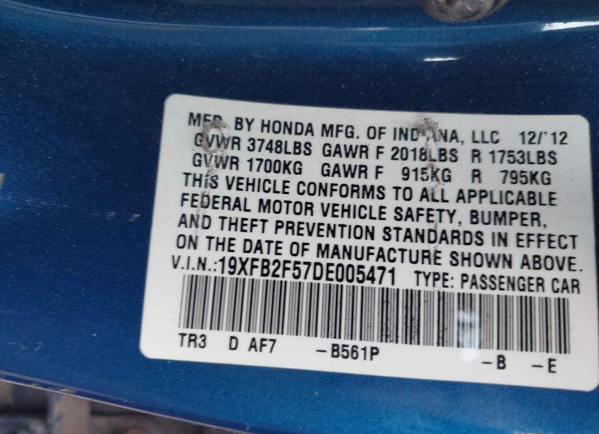 Photo 9 of 2013 Honda Civic LX (VIN 19XFB2F57DE005471)