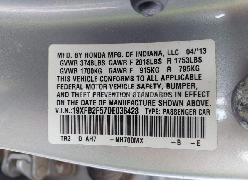 Photo 9 of 2013 Honda Civic LX (VIN 19XFB2F57DE036428)