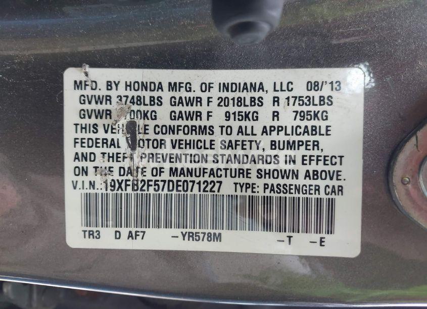 Photo 9 of 2013 Honda Civic LX (VIN 19XFB2F57DE071227)