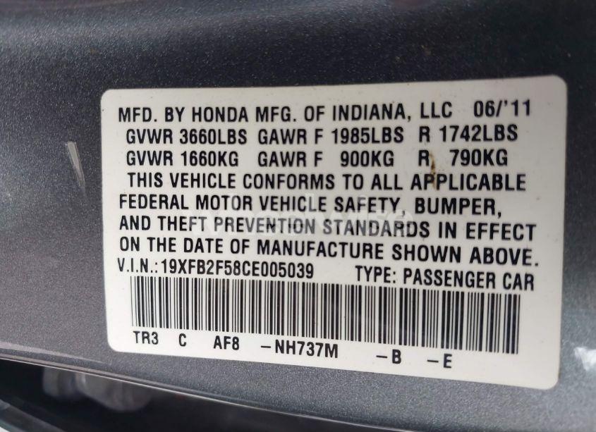 Photo 9 of 2012 Honda Civic LX (VIN 19XFB2F58CE005039)