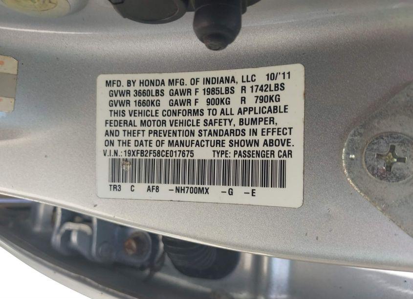 Photo 9 of 2012 Honda Civic SDN LX (VIN 19XFB2F58CE017675)