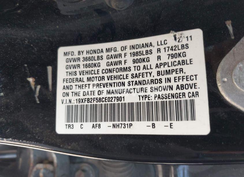 Photo 9 of 2012 Honda Civic LX (VIN 19XFB2F58CE027901)