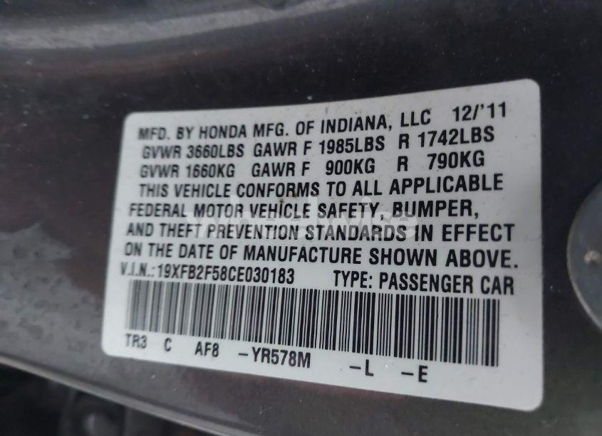 Photo 9 of 2012 Honda Civic LX (VIN 19XFB2F58CE030183)