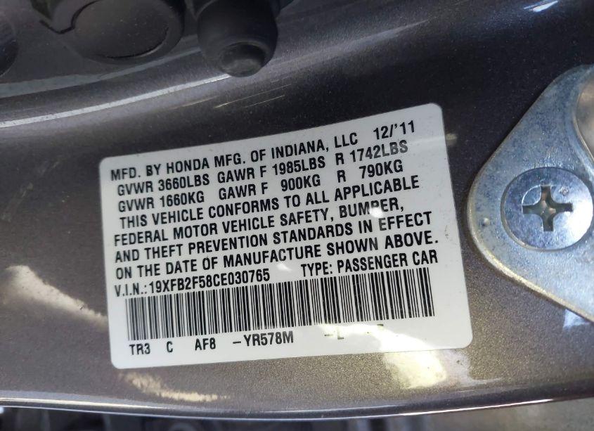 Photo 9 of 2012 Honda Civic LX (VIN 19XFB2F58CE030765)