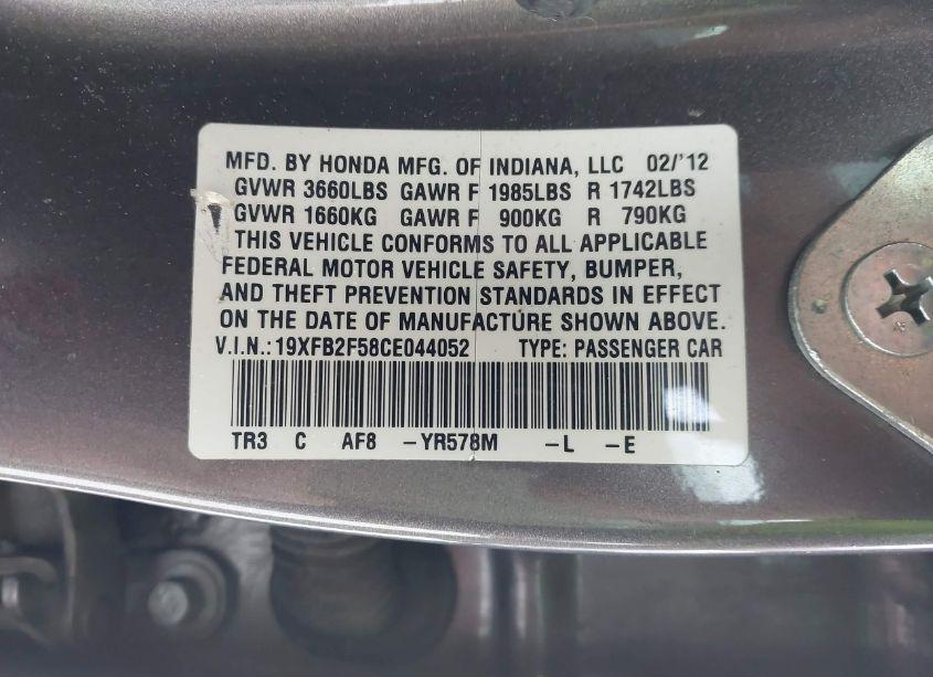 Photo 9 of 2012 Honda Civic SDN LX (VIN 19XFB2F58CE044052)