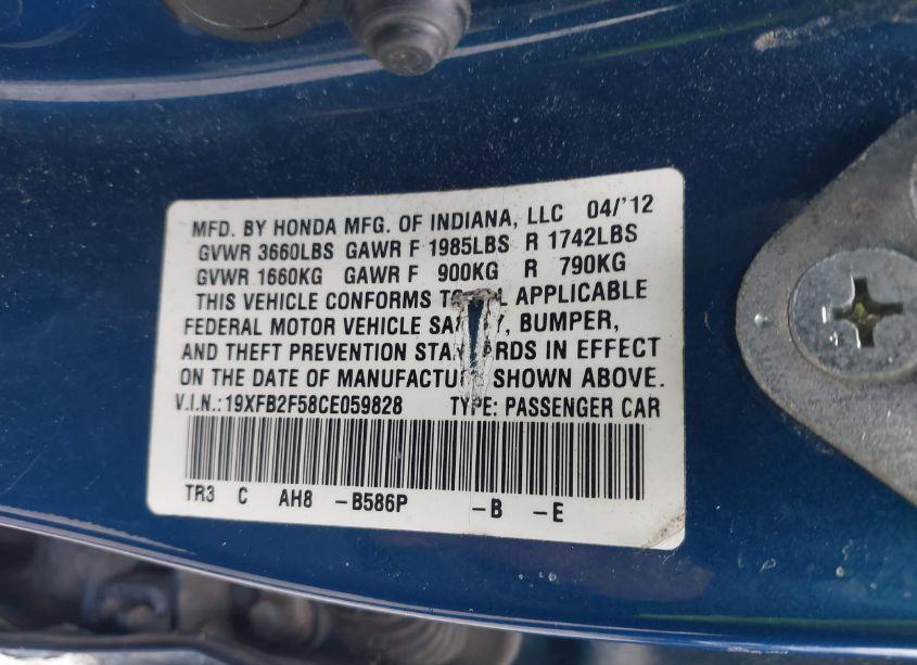 Photo 9 of 2012 Honda Civic SDN LX (VIN 19XFB2F58CE059828)