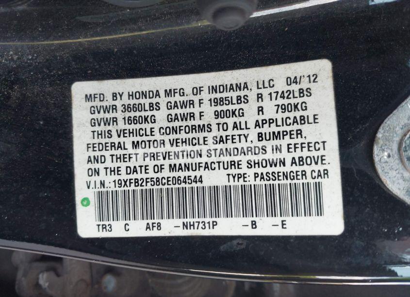 Photo 9 of 2012 Honda Civic LX (VIN 19XFB2F58CE064544)