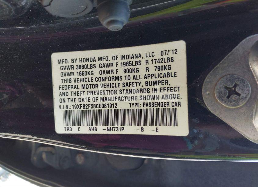 Photo 9 of 2012 Honda Civic LX (VIN 19XFB2F58CE081912)