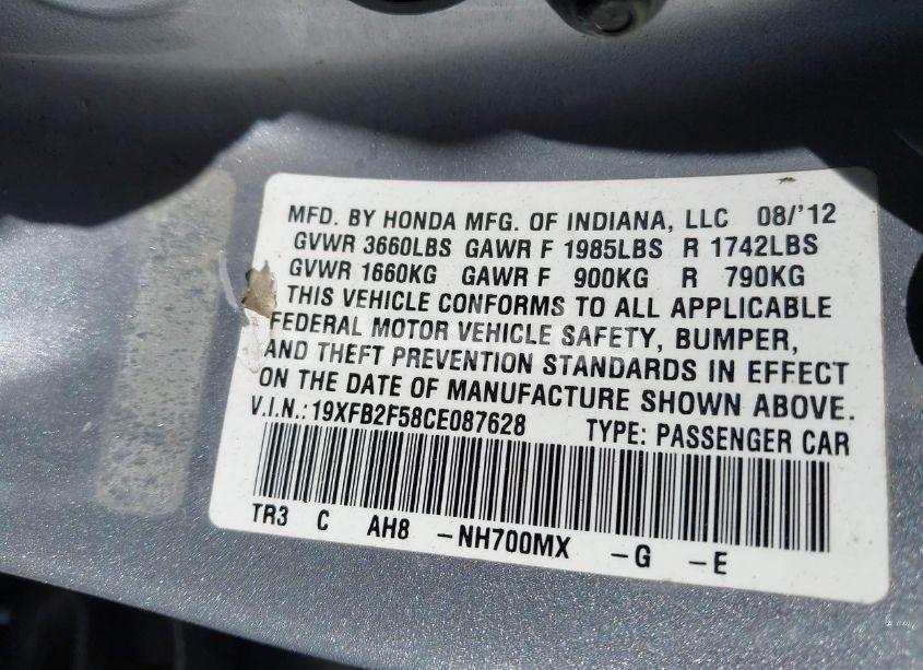 Photo 9 of 2012 Honda Civic LX (VIN 19XFB2F58CE087628)