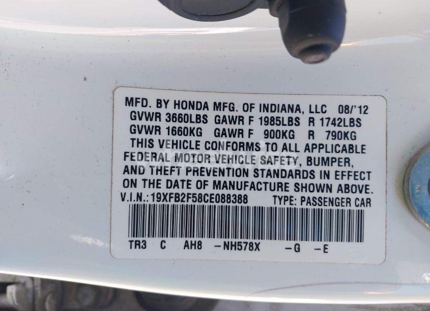 Photo 9 of 2012 Honda Civic LX (VIN 19XFB2F58CE088388)