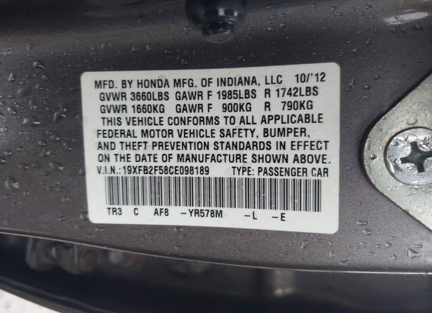 Photo 9 of 2012 Honda Civic SDN LX (VIN 19XFB2F58CE098189)