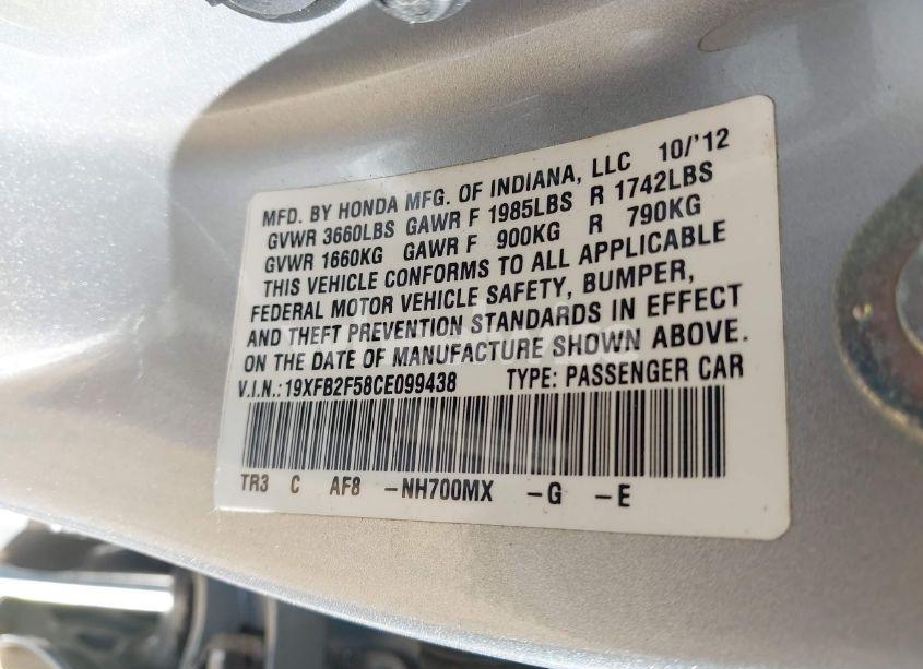 Photo 9 of 2012 Honda Civic LX (VIN 19XFB2F58CE099438)
