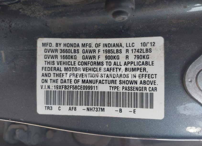 Photo 9 of 2012 Honda Civic LX (VIN 19XFB2F58CE099911)