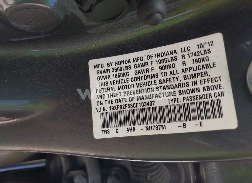 Photo 9 of 2012 Honda Civic LX (VIN 19XFB2F58CE103407)