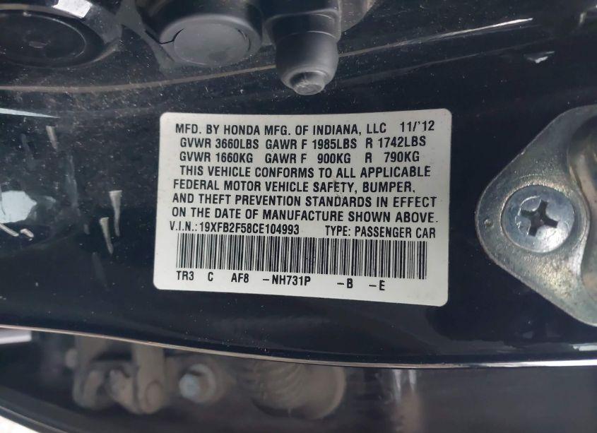 Photo 9 of 2012 Honda Civic LX (VIN 19XFB2F58CE104993)