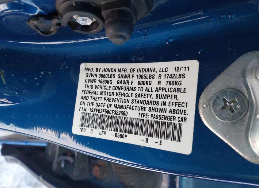 Photo 9 of 2012 Honda Civic SDN LX (VIN 19XFB2F58CE322660)