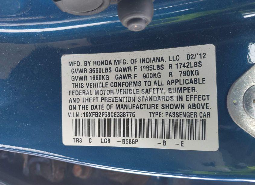 Photo 9 of 2012 Honda Civic LX (VIN 19XFB2F58CE338776)