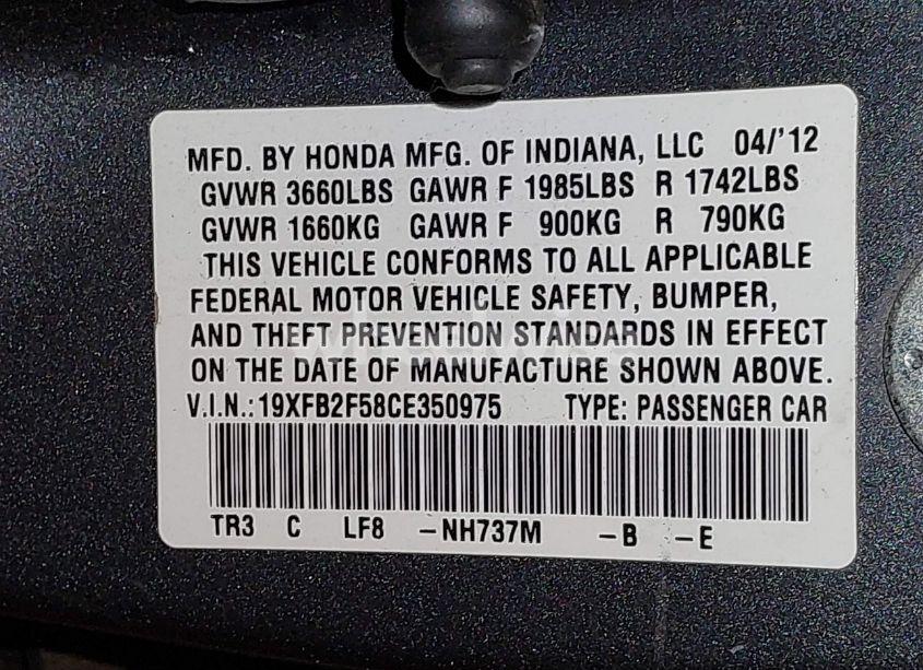 Photo 9 of 2012 Honda Civic LX (VIN 19XFB2F58CE350975)