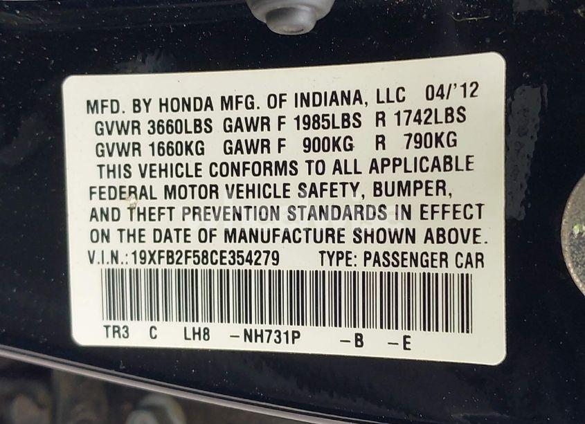 Photo 9 of 2012 Honda Civic LX (VIN 19XFB2F58CE354279)