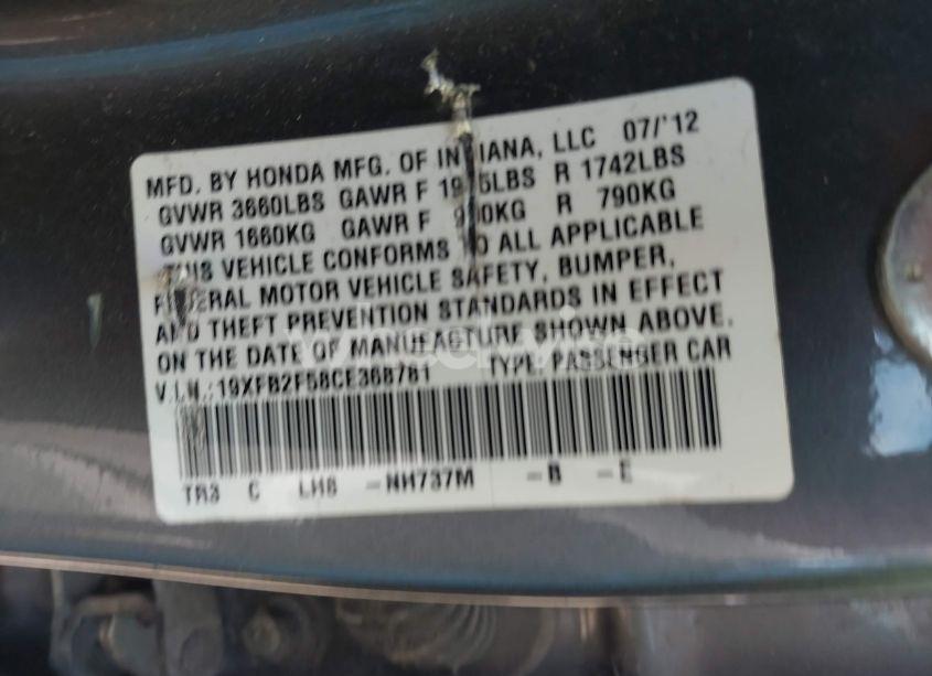 Photo 9 of 2012 Honda Civic LX (VIN 19XFB2F58CE368781)