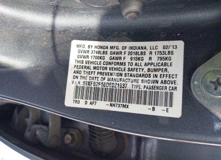 Photo 9 of 2013 Honda Civic LX (VIN 19XFB2F58DE021937)