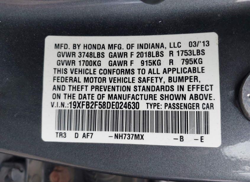 Photo 9 of 2013 Honda Civic LX (VIN 19XFB2F58DE024630)