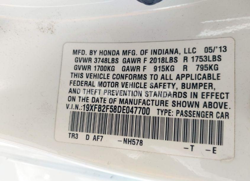 Photo 9 of 2013 Honda Civic LX (VIN 19XFB2F58DE047700)