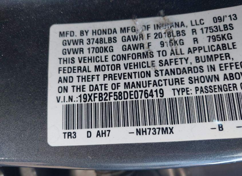 Photo 9 of 2013 Honda Civic LX (VIN 19XFB2F58DE076419)