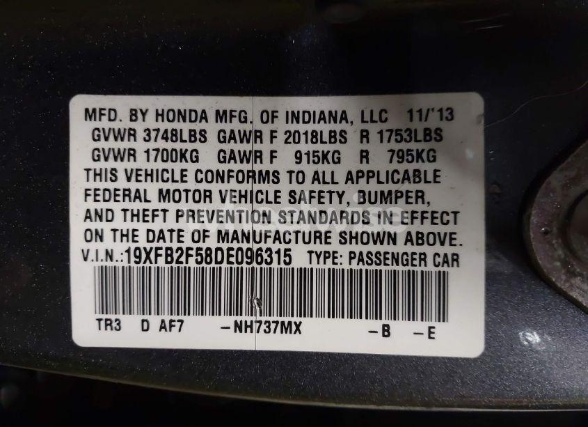 Photo 9 of 2013 Honda Civic LX (VIN 19XFB2F58DE096315)