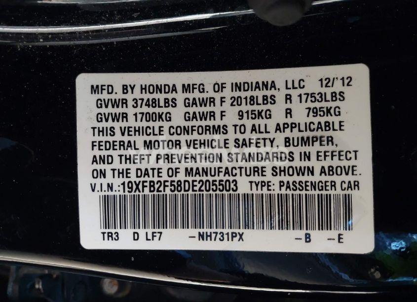 Photo 9 of 2013 Honda Civic LX (VIN 19XFB2F58DE205503)