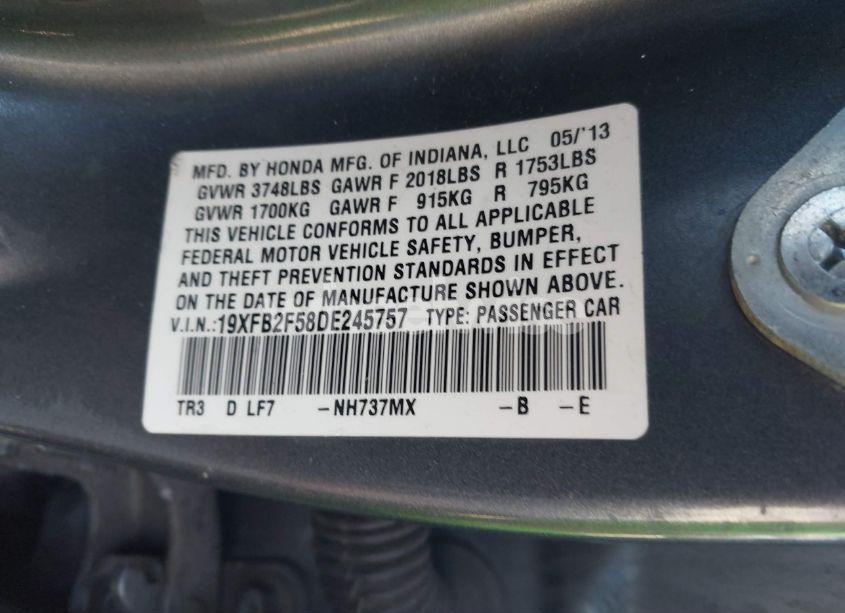 Photo 9 of 2013 Honda Civic LX (VIN 19XFB2F58DE245757)