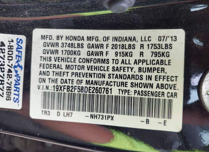 Photo 9 of 2013 Honda Civic LX (VIN 19XFB2F58DE260761)