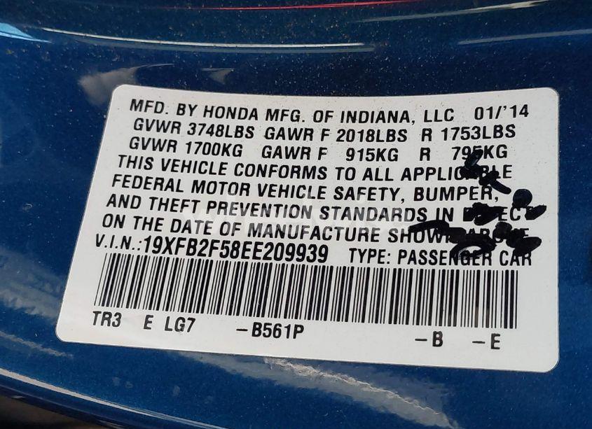 Photo 9 of 2014 Honda Civic LX (VIN 19XFB2F58EE209939)