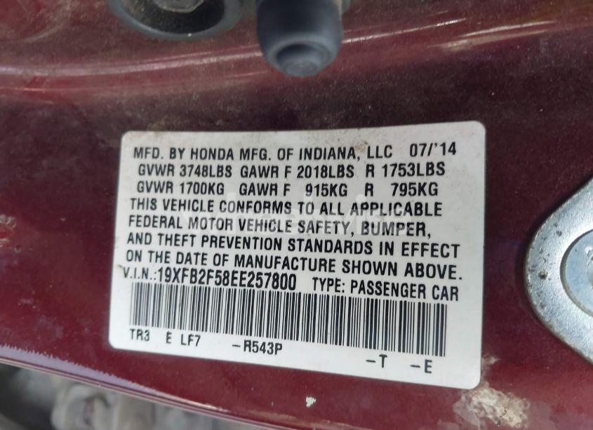 Photo 9 of 2014 Honda Civic LX (VIN 19XFB2F58EE257800)