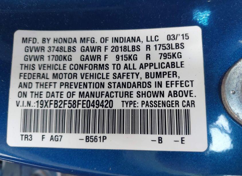 Photo 9 of 2015 Honda Civic LX (VIN 19XFB2F58FE049420)