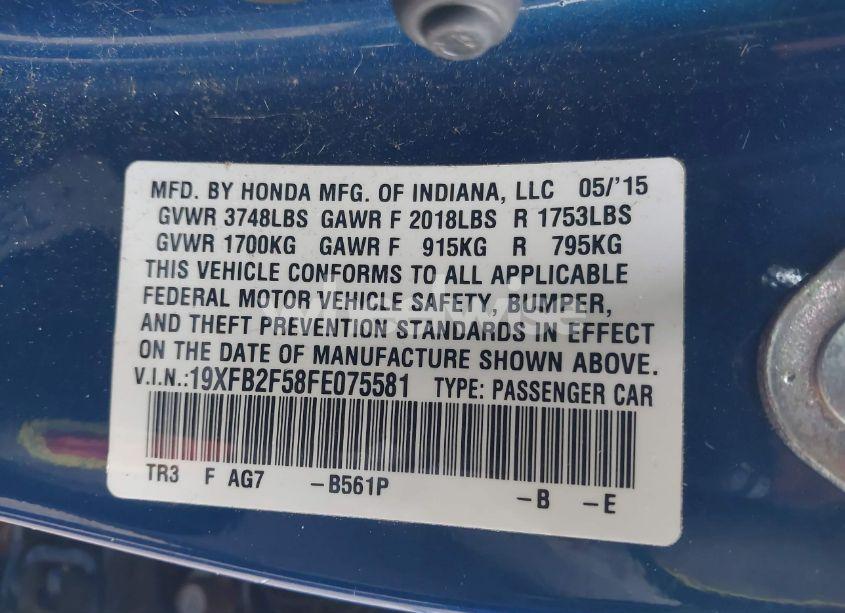 Photo 9 of 2015 Honda Civic LX (VIN 19XFB2F58FE075581)